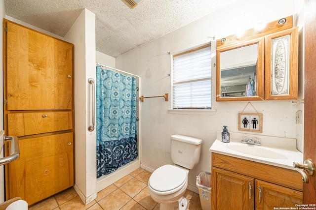 3211 Hatton, San Antonio, TX 78237 - full bathroom featuring a textured ceiling, vanity, toilet, tile patterned flooring, and curtained shower