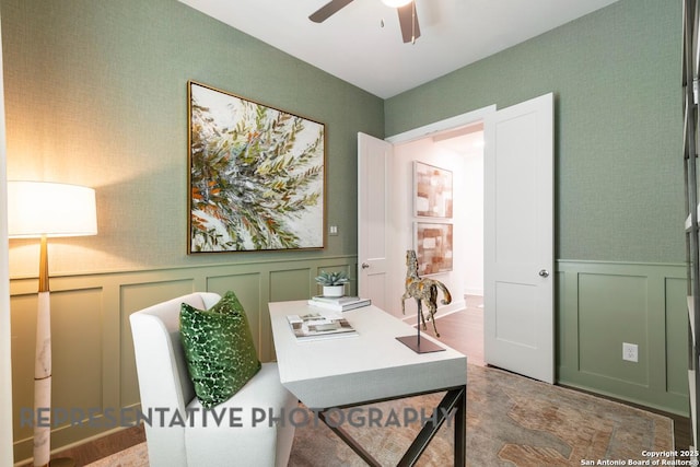 12376 Goulding, San Antonio, TX 78254 - office area featuring a decorative wall, a ceiling fan, and a wainscoted wall