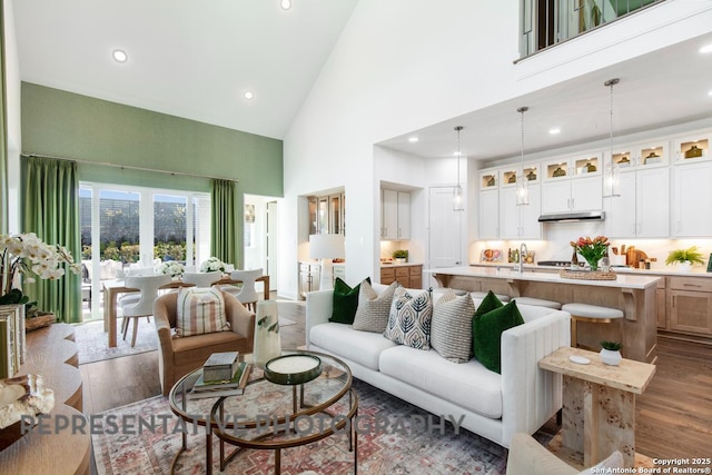 12376 Goulding, San Antonio, TX 78254 - living area with high vaulted ceiling, wood finished floors, and recessed lighting