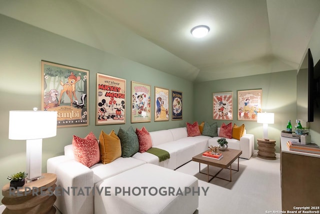 12376 Goulding, San Antonio, TX 78254 - living room with carpet floors and vaulted ceiling