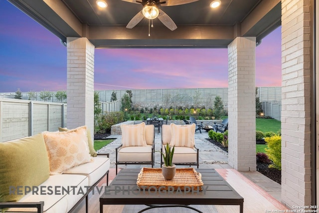 12376 Goulding, San Antonio, TX 78254 - view of patio featuring an outdoor living space, a ceiling fan, and outdoor dining space