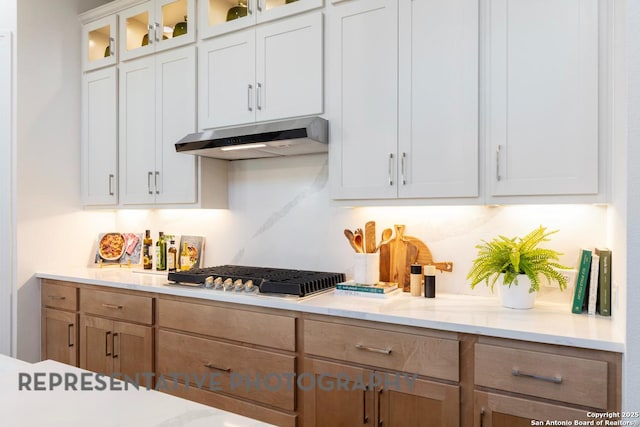 12376 Goulding, San Antonio, TX 78254 - kitchen featuring under cabinet range hood, stainless steel gas stovetop, glass insert cabinets, and white cabinets