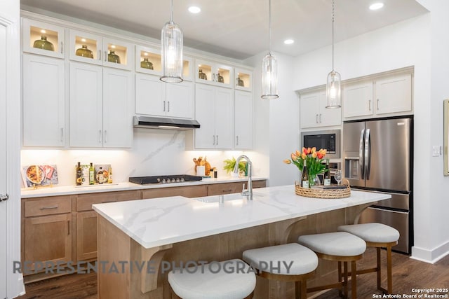 12376 Goulding, San Antonio, TX 78254 - kitchen with appliances with stainless steel finishes, a sink, dark wood-type flooring, under cabinet range hood, and a kitchen bar