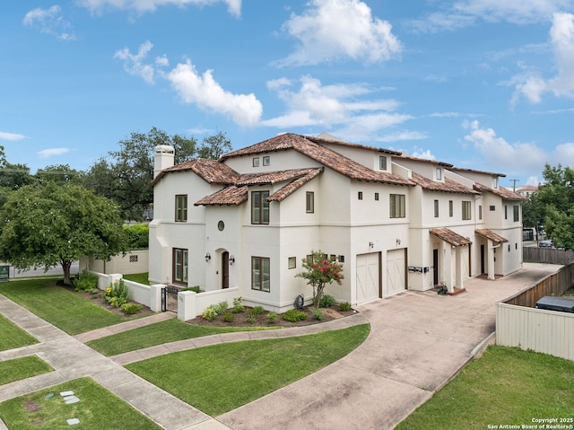 172 Katherine Ct Unit 1, San Antonio, TX 78209 - mediterranean / spanish-style house featuring driveway, an attached garage, stucco siding, a chimney, and a tile roof