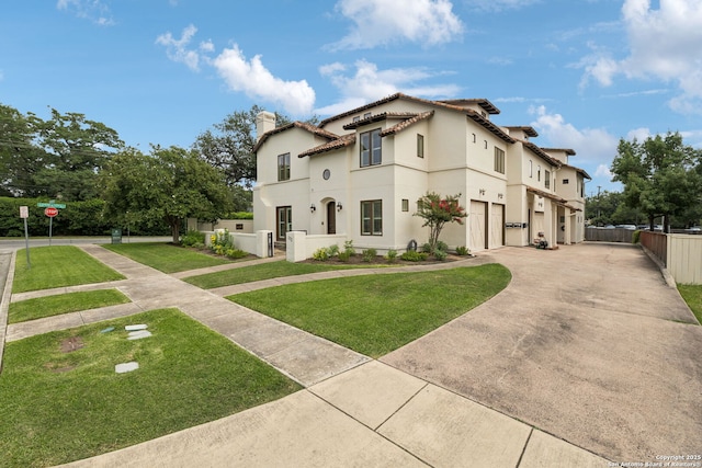 172 Katherine Ct Unit 1, San Antonio, TX 78209 - mediterranean / spanish-style house featuring concrete driveway, an attached garage, a chimney, and stucco siding
