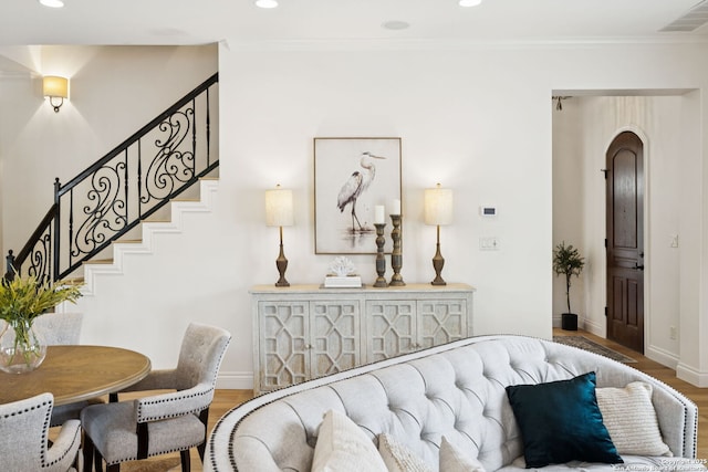 172 Katherine Ct Unit 1, San Antonio, TX 78209 - bedroom with wood finished floors, arched walkways, baseboards, recessed lighting, and ornamental molding