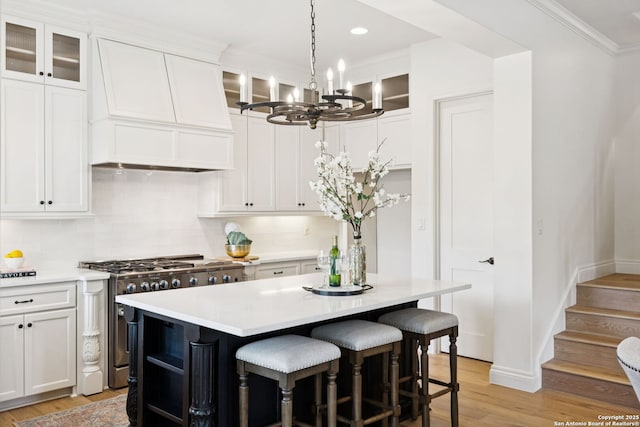 172 Katherine Ct Unit 1, San Antonio, TX 78209 - kitchen with custom range hood, stainless steel range, light wood-type flooring, a chandelier, and crown molding