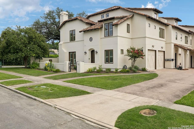 172 Katherine Ct Unit 1, San Antonio, TX 78209 - mediterranean / spanish-style home featuring a chimney, driveway, an attached garage, a tile roof, and a front yard