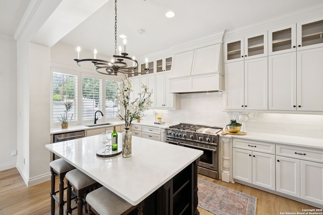 172 Katherine Ct Unit 1, San Antonio, TX 78209 - kitchen with stainless steel appliances, a chandelier, a sink, premium range hood, and light countertops