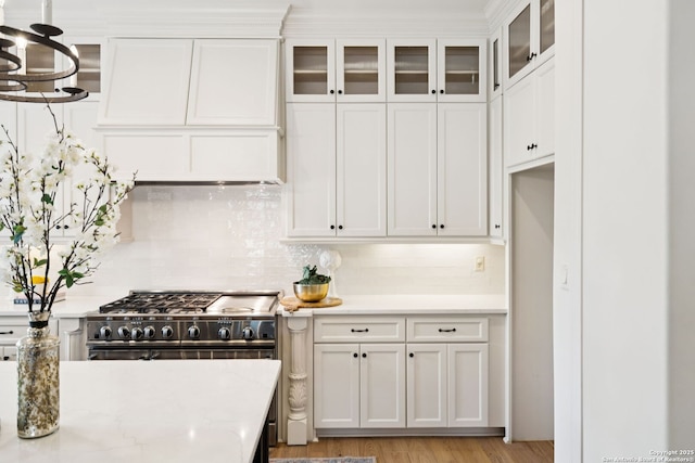 172 Katherine Ct Unit 1, San Antonio, TX 78209 - kitchen featuring white cabinetry, decorative backsplash, and glass insert cabinets