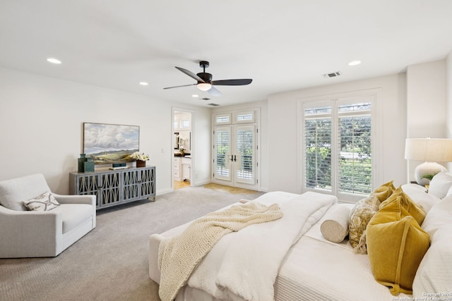 172 Katherine Ct Unit 1, San Antonio, TX 78209 - bedroom featuring access to exterior, recessed lighting, light colored carpet, french doors, and ceiling fan