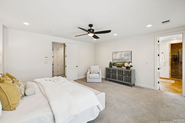 172 Katherine Ct Unit 1, San Antonio, TX 78209 - bedroom featuring recessed lighting, carpet, baseboards, ceiling fan, and ensuite bath