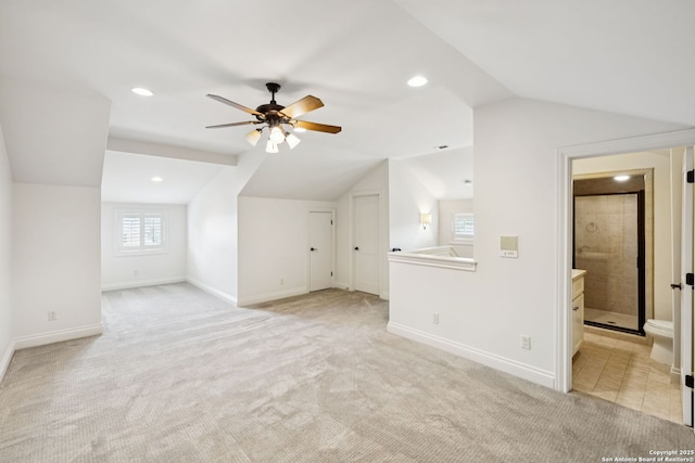 172 Katherine Ct Unit 1, San Antonio, TX 78209 - additional living space with lofted ceiling, ceiling fan, light carpet, baseboards, and recessed lighting