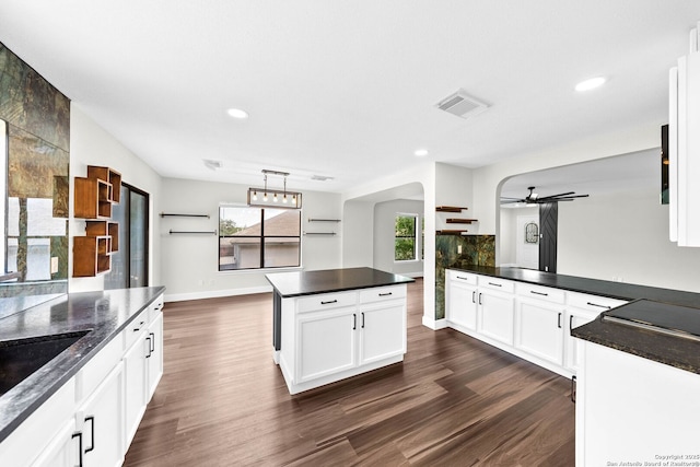15831 Colton Wl, San Antonio, TX 78247 - kitchen featuring dark wood finished floors, arched walkways, ceiling fan, white cabinets, and recessed lighting