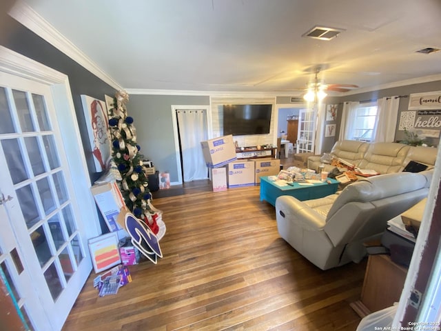 1202 Pine, Orange, TX 77630 - living area with ornamental molding, hardwood / wood-style flooring, and a ceiling fan