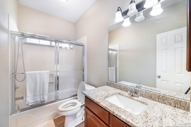 132 Las Palomas Ln, Vernia, TX 78121 - bathroom with vanity, enclosed tub / shower combo, and toilet