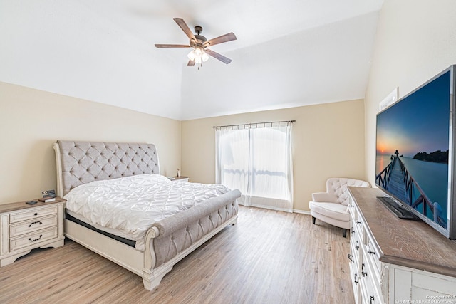 132 Las Palomas Ln, Vernia, TX 78121 - bedroom with light wood-style flooring, high vaulted ceiling, ceiling fan, and baseboards