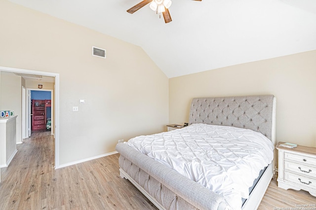 132 Las Palomas Ln, Vernia, TX 78121 - bedroom with vaulted ceiling, light wood-type flooring, baseboards, and a ceiling fan