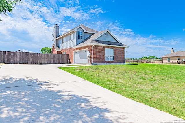 132 Las Palomas Ln, Vernia, TX 78121 - traditional-style house with brick siding, driveway, a chimney, and a garage