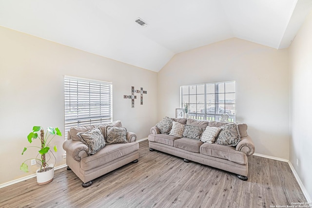 132 Las Palomas Ln, Vernia, TX 78121 - living area featuring baseboards, lofted ceiling, wood finished floors, and healthy amount of natural light