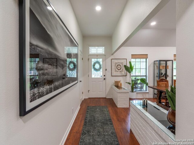 120 Spanish Oak Trl, Floresville, TX 78114 - foyer entrance featuring dark wood-type flooring, baseboards, and recessed lighting