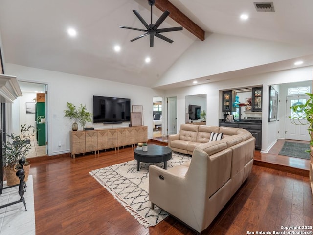 120 Spanish Oak Trl, Floresville, TX 78114 - living area featuring beam ceiling, dark wood-style flooring, ceiling fan, high vaulted ceiling, and recessed lighting