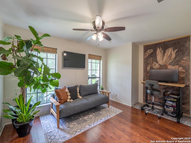 120 Spanish Oak Trl, Floresville, TX 78114 - living room with wood finished floors, ceiling fan, and baseboards