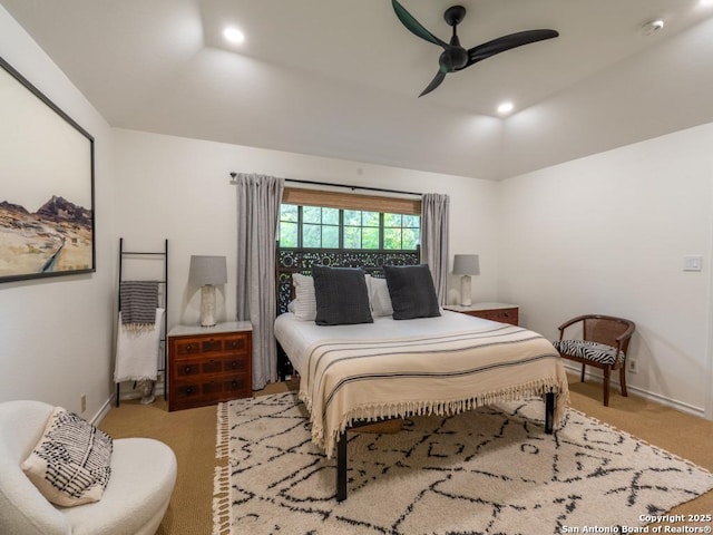 120 Spanish Oak Trl, Floresville, TX 78114 - bedroom with carpet floors, recessed lighting, baseboards, ceiling fan, and vaulted ceiling