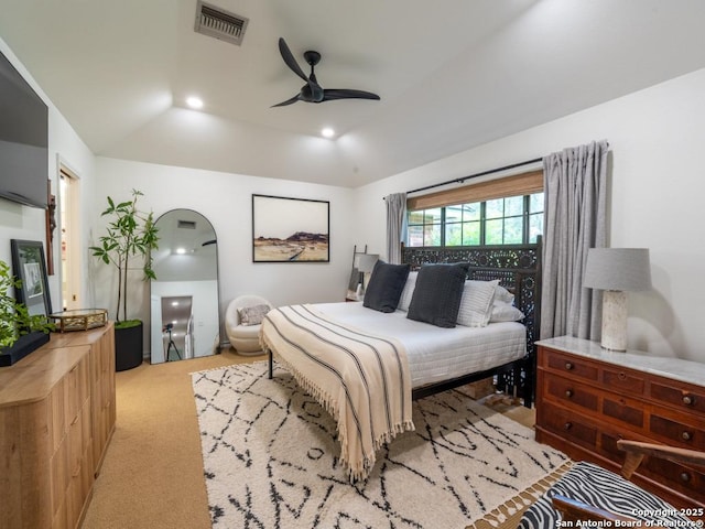 120 Spanish Oak Trl, Floresville, TX 78114 - bedroom featuring light colored carpet, arched walkways, a ceiling fan, and recessed lighting