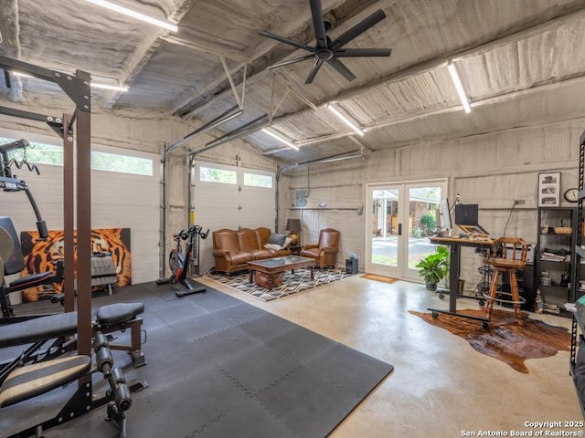 120 Spanish Oak Trl, Floresville, TX 78114 - garage featuring french doors and ceiling fan