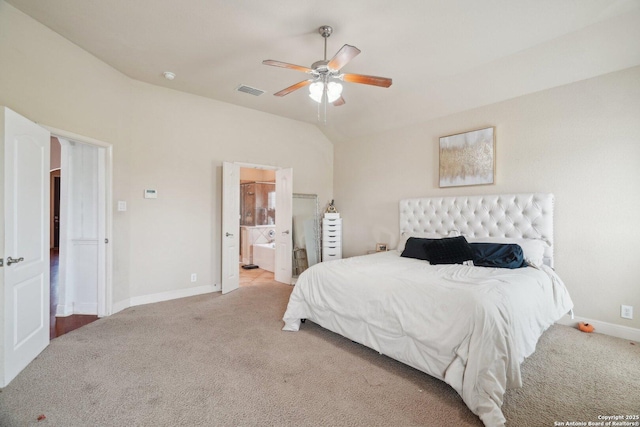 7027 Laura Hts, Schertz, TX 78154 - bedroom featuring carpet, baseboards, lofted ceiling, a ceiling fan, and ensuite bathroom