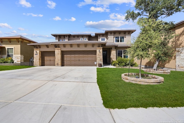 418 Sundance Way, San Antonio, TX 78253 - prairie-style house with stucco siding, an attached garage, stone siding, and driveway
