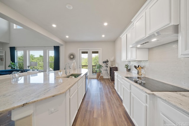 418 Sundance Way, San Antonio, TX 78253 - kitchen featuring black electric stovetop, a sink, under cabinet range hood, light wood finished floors, and white cabinets