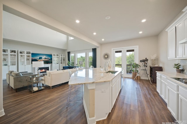 418 Sundance Way, San Antonio, TX 78253 - kitchen with a sink, french doors, white cabinetry, a warm lit fireplace, and recessed lighting