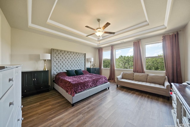 418 Sundance Way, San Antonio, TX 78253 - bedroom with a tray ceiling, dark wood-type flooring, and a ceiling fan