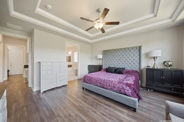 418 Sundance Way, San Antonio, TX 78253 - bedroom featuring a raised ceiling, crown molding, wood finished floors, ensuite bath, and ceiling fan