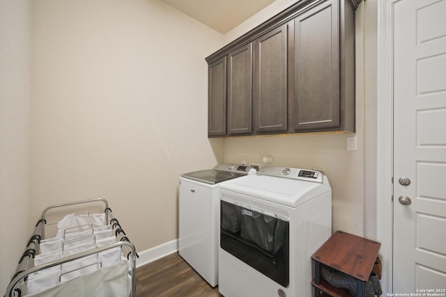 418 Sundance Way, San Antonio, TX 78253 - laundry area featuring washer and dryer, cabinet space, dark wood-type flooring, and baseboards