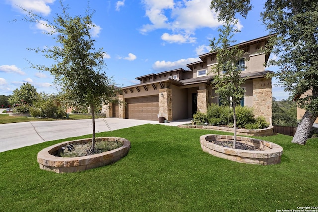 418 Sundance Way, San Antonio, TX 78253 - view of front of house featuring stone siding, concrete driveway, and a front lawn