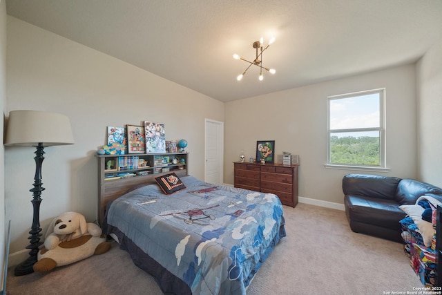 418 Sundance Way, San Antonio, TX 78253 - bedroom featuring a chandelier, light colored carpet, and baseboards