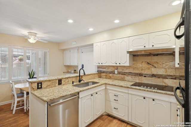 107-A Ruelle Unit 107-A, San Antonio, TX 78209 - kitchen with dishwasher, a sink, black electric stovetop, tasteful backsplash, and white cabinetry