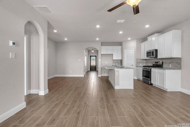 6538 Scooby Acres, San Antonio, TX 78108 - kitchen featuring appliances with stainless steel finishes, arched walkways, a sink, light wood-style floors, and recessed lighting