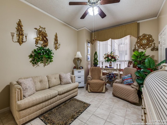 1 Towers Park Unit 1813, San Antonio, TX 78209 - living room with a textured ceiling, crown molding, light tile patterned floors, and ceiling fan