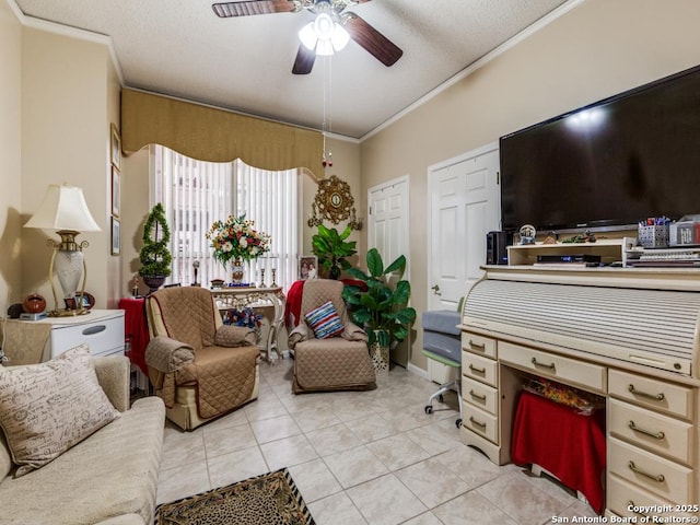 1 Towers Park Unit 1813, San Antonio, TX 78209 - home office featuring crown molding, a ceiling fan, and light tile patterned flooring