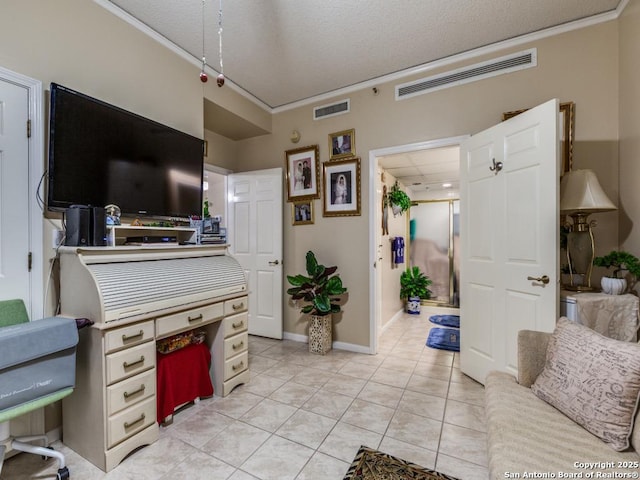 1 Towers Park Unit 1813, San Antonio, TX 78209 - office area with ornamental molding, light tile patterned flooring, and a textured ceiling