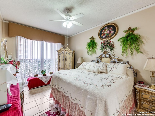 1 Towers Park Unit 1813, San Antonio, TX 78209 - bedroom with a textured ceiling, light tile patterned floors, crown molding, and a ceiling fan