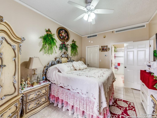 1 Towers Park Unit 1813, San Antonio, TX 78209 - bedroom featuring light tile patterned flooring, crown molding, connected bathroom, and ceiling fan