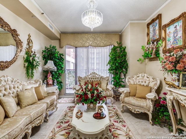 1 Towers Park Unit 1813, San Antonio, TX 78209 - living area with tile patterned flooring, a chandelier, crown molding, and a textured ceiling