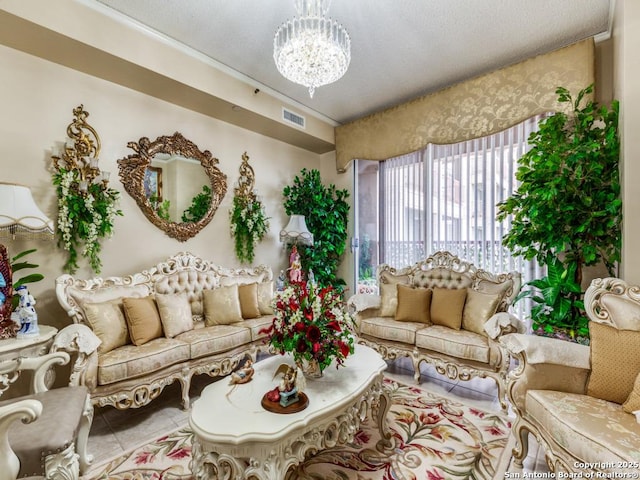 1 Towers Park Unit 1813, San Antonio, TX 78209 - tiled living area with a chandelier and a textured ceiling
