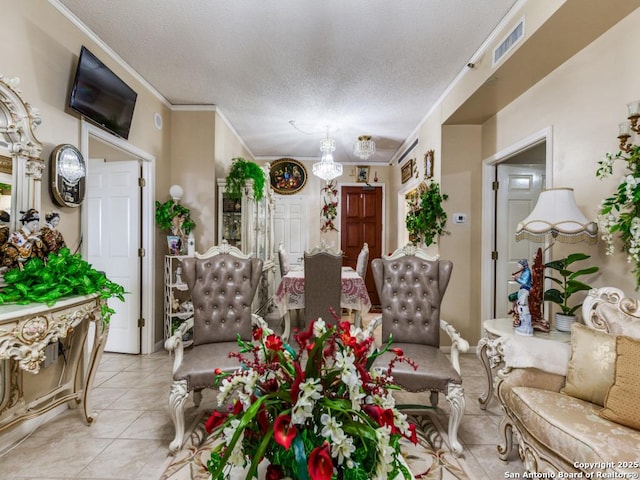 1 Towers Park Unit 1813, San Antonio, TX 78209 - living room featuring ornamental molding, light tile patterned flooring, and a textured ceiling