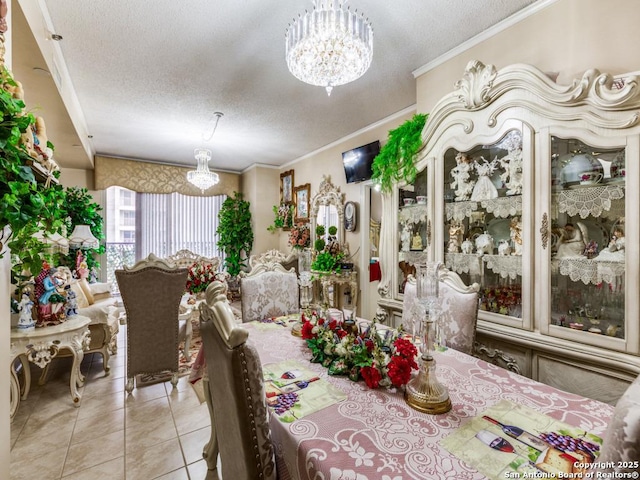 1 Towers Park Unit 1813, San Antonio, TX 78209 - dining space with a chandelier, a textured ceiling, light tile patterned floors, and ornamental molding